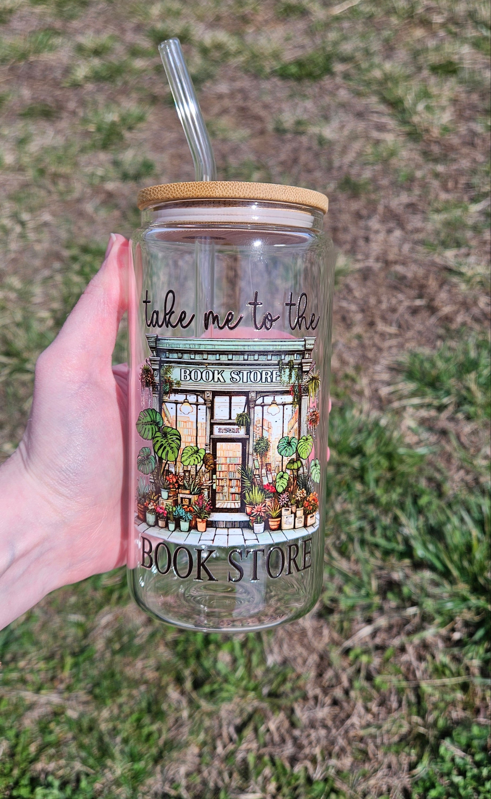 Take Me To The Bookstore Glass Tumbler