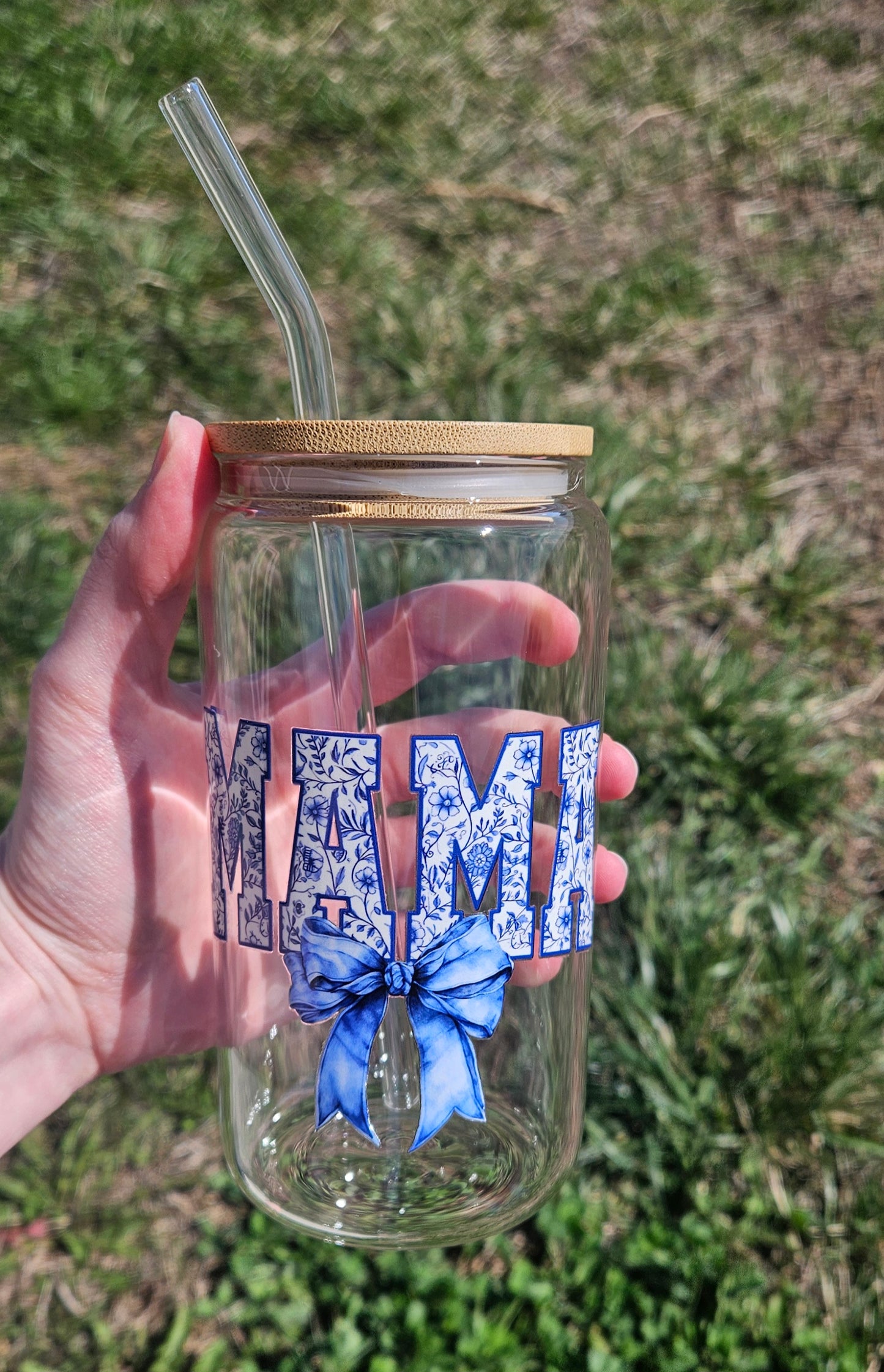 Mama Blue Bow Glass Tumbler