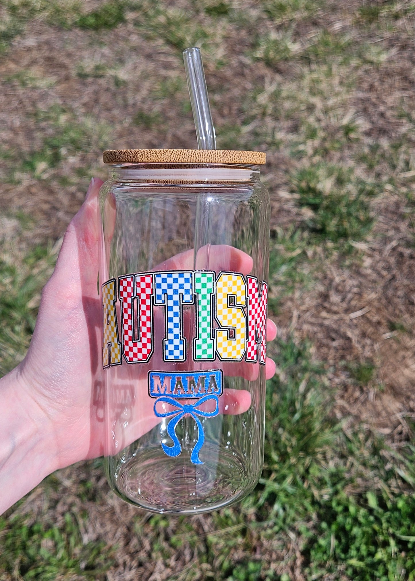 Autism Mama Checkered Glass Tumbler