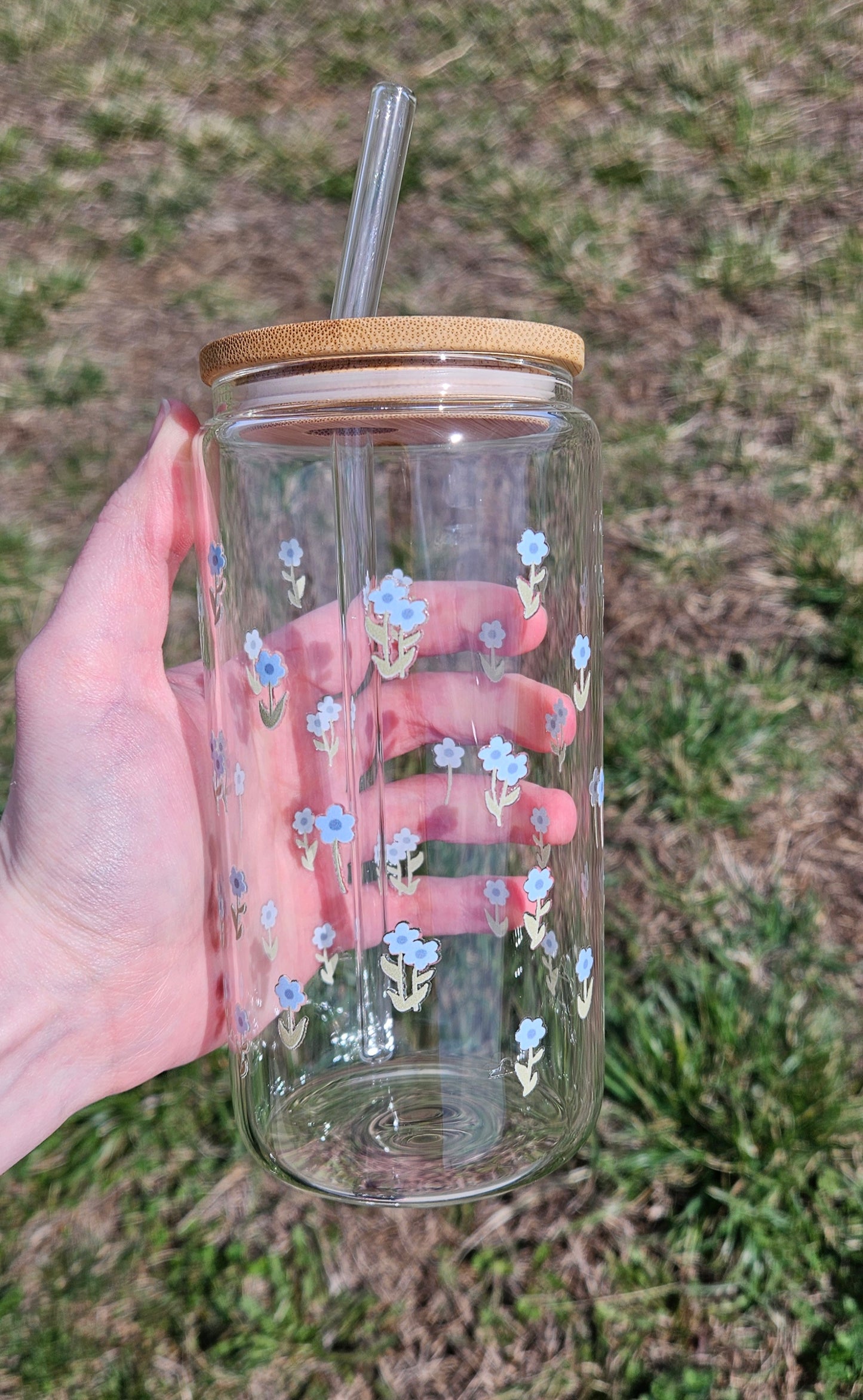 Little Blue Flowers Glass Tumbler