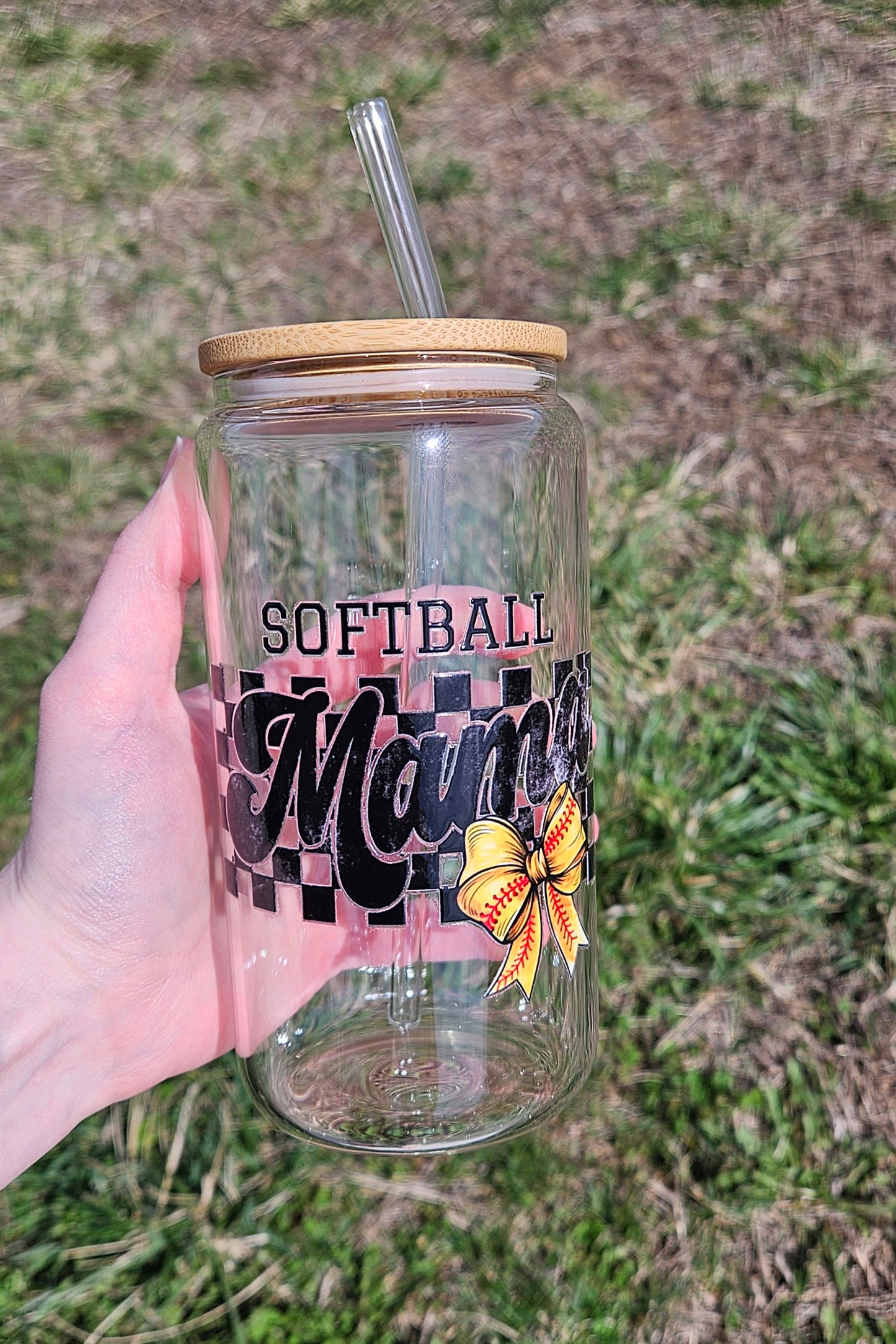 Softball Mama Checkered Glass Tumbler