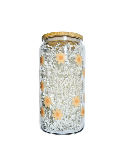 Floral She Is Strong Glass Tumbler
