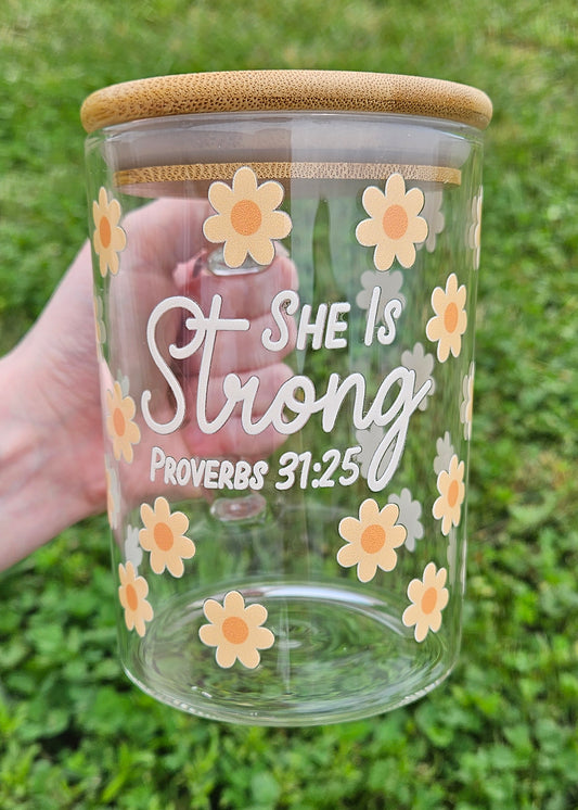 Floral She Is Strong Glass Mug