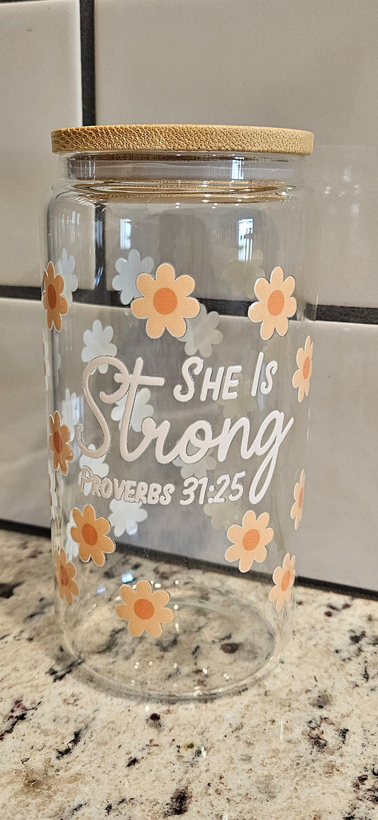 Floral She Is Strong Glass Tumbler