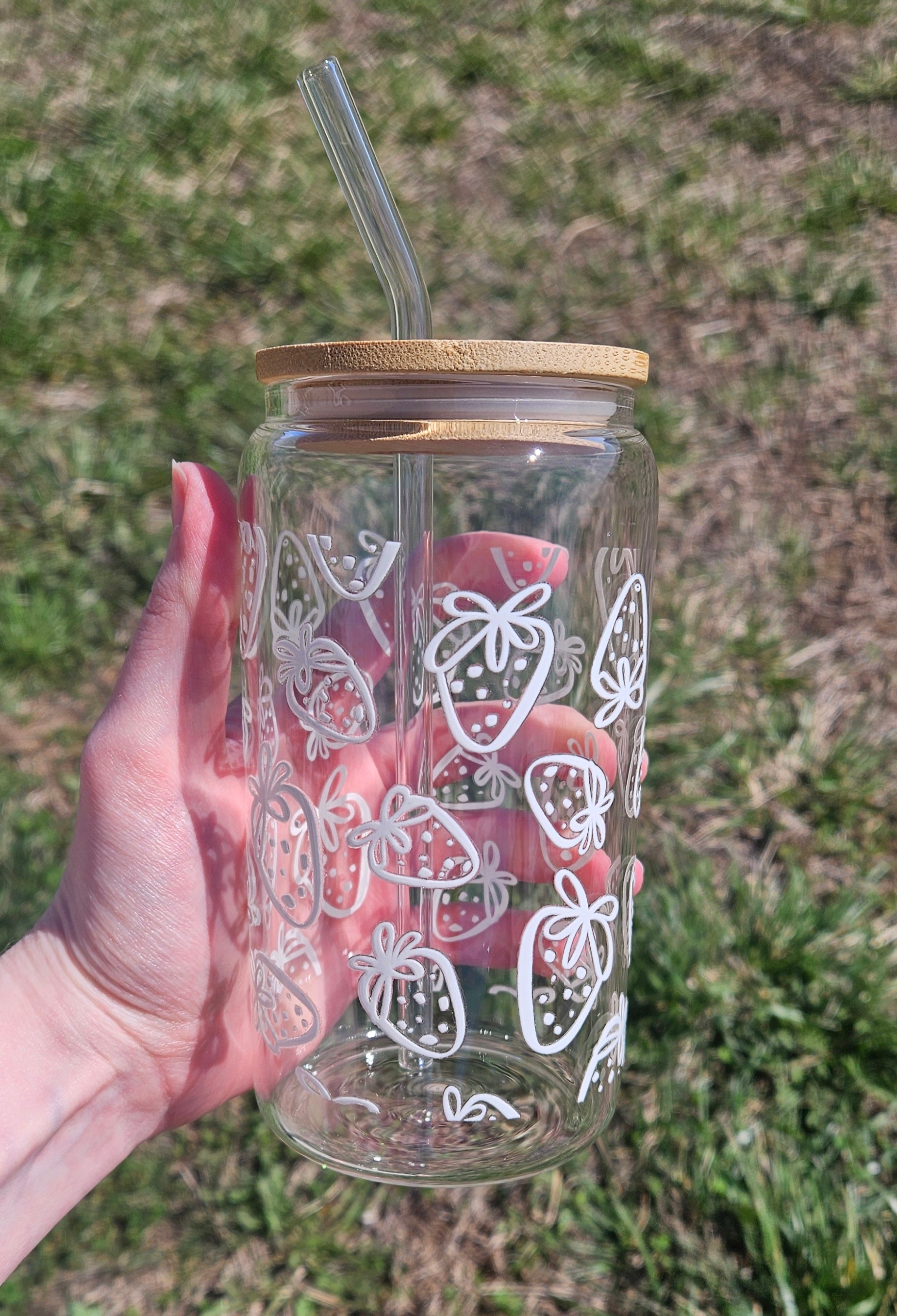 White Lined Strawberries Glass Cup