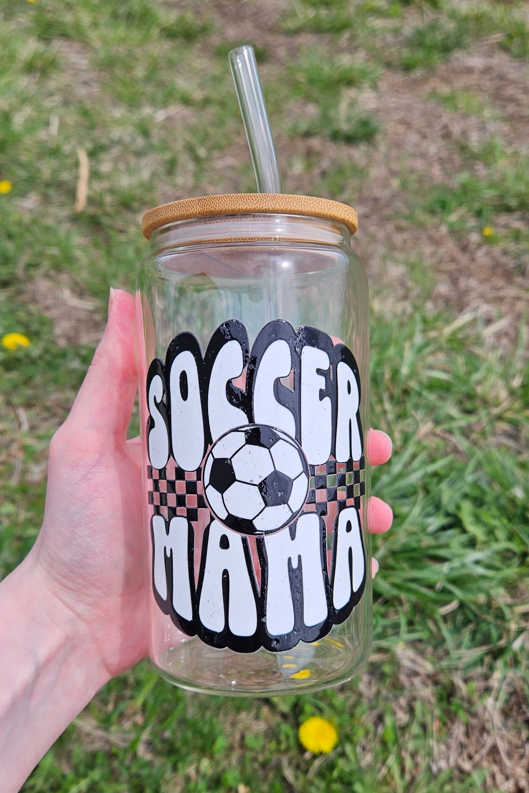 Checkered Soccer Mama Glass Cup