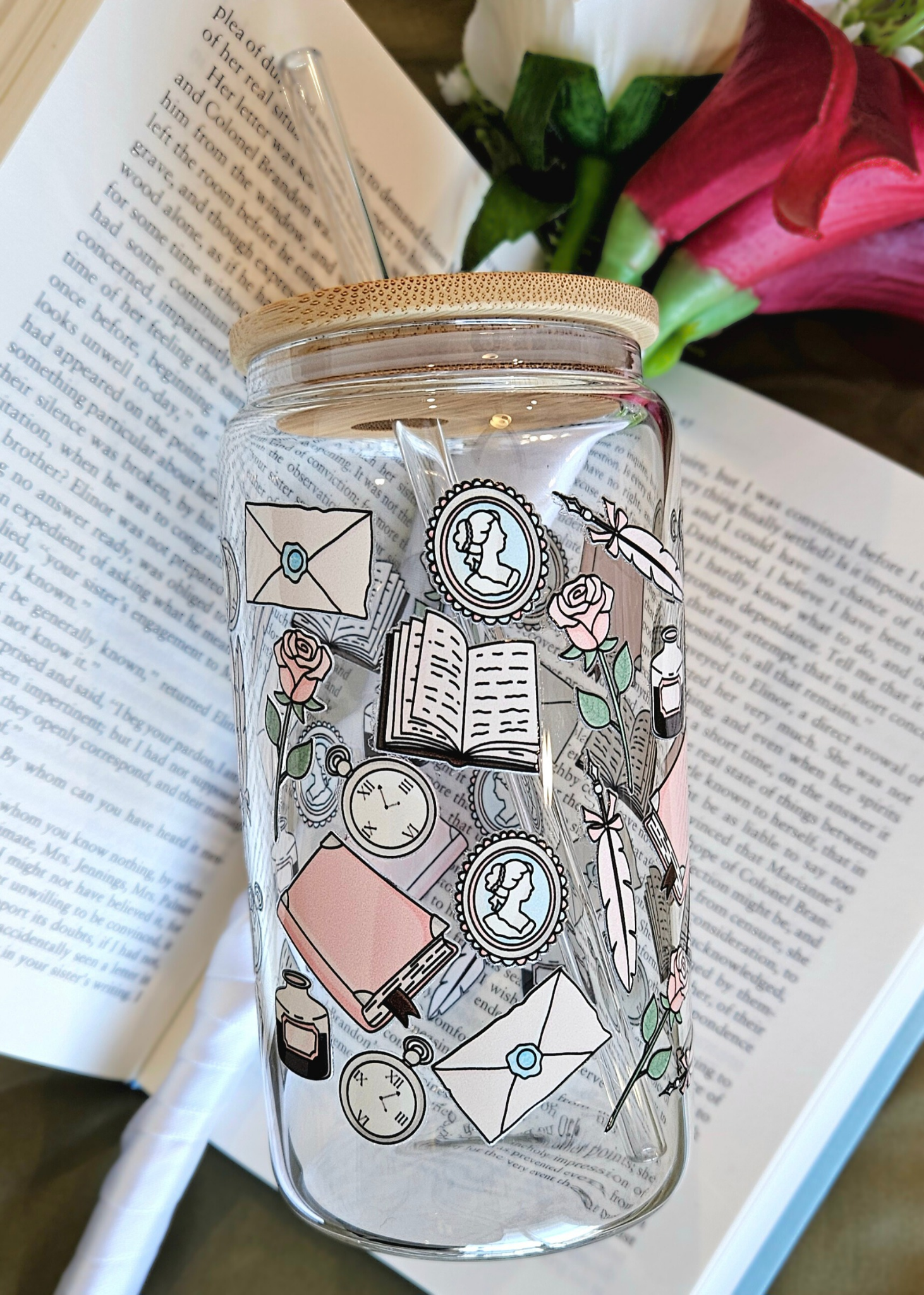 Feather Pens & Envelopes Glass Cup