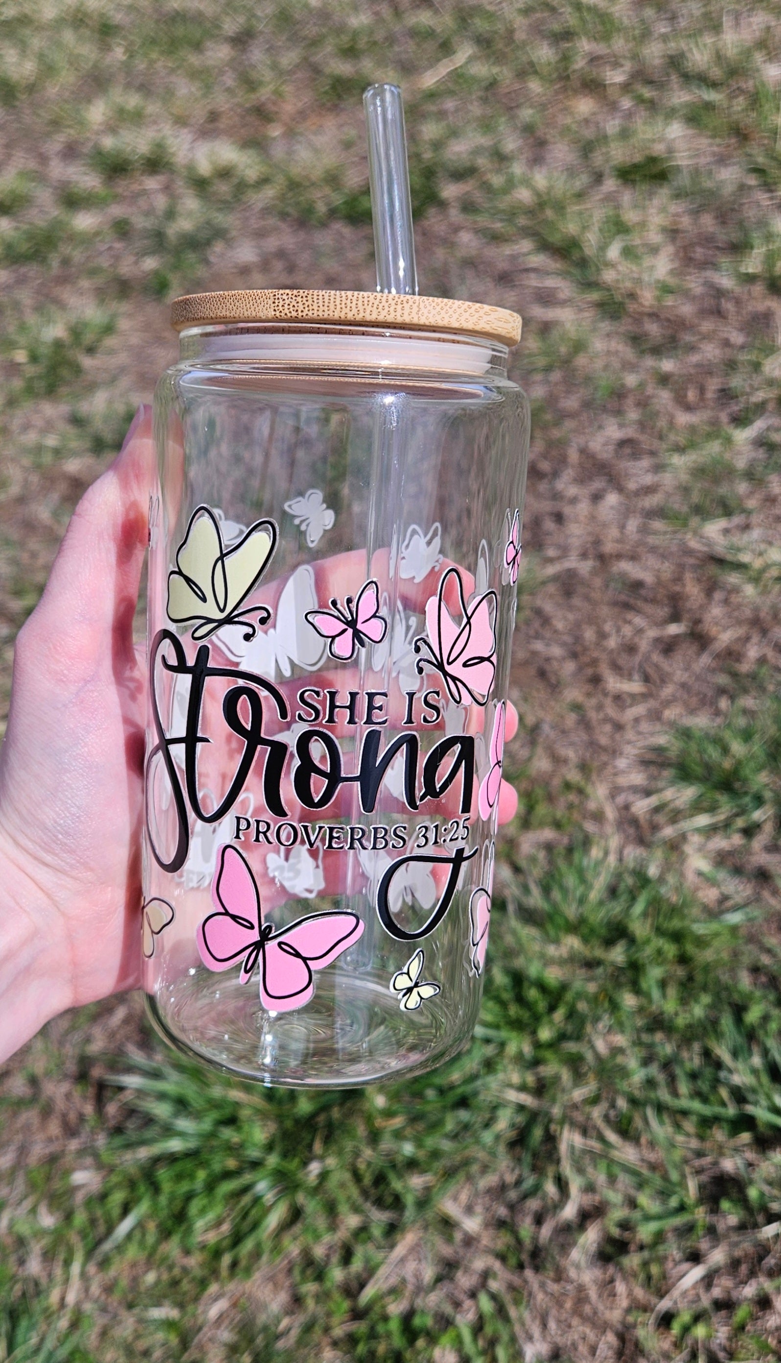 Butterfly She is Strong Glass Tumbler